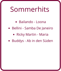 Sommerhits   •	Bailando - Loona •	Bellini - Samba De Janeiro •	Ricky Martin - Maria •	Buddys - Ab in den Süden