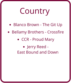 Country •	Blanco Brown - The Git Up •	Bellamy Brothers - Crossfire •	CCR - Proud Mary •	Jerry Reed - East Bound and Down