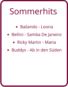 Sommerhits   •	Bailando - Loona •	Bellini - Samba De Janeiro •	Ricky Martin - Maria •	Buddys - Ab in den Süden